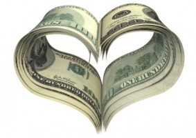 valentine heart shape made by dollars isolated